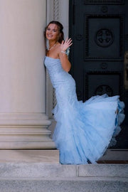 Sky Blue Floor-Length Mermaid Strapless Tulle Party Dresses with Appliques