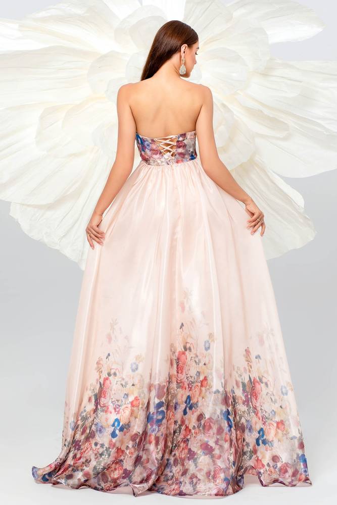 Charming A-Line Strapless Floral Evening Dresses with Sweep Train