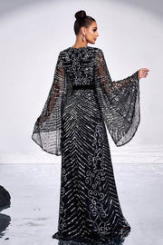 Black Sequined Long Sleeves Column Evening Dresses with Sash