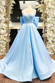 Sky Blue Spaghetti Straps A-Line Long Satin Party Dresses with Bow