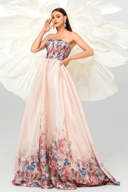 Charming A-Line Strapless Floral Evening Dresses with Sweep Train