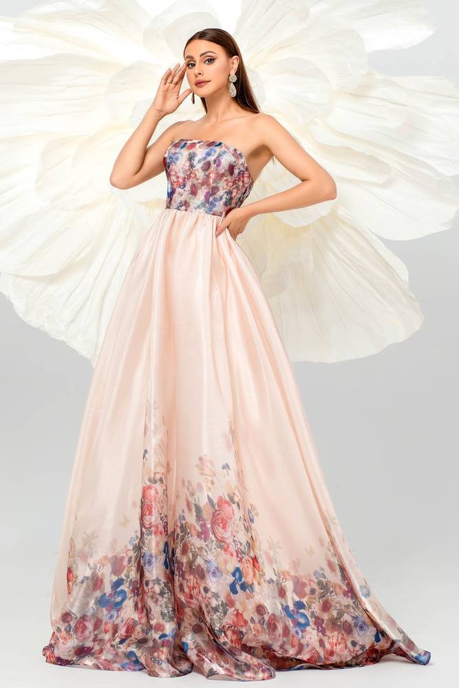 Charming A-Line Strapless Floral Evening Dresses with Sweep Train