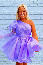 Purple One-Shoulder A-Line Short Tulle Homecoming Dresses