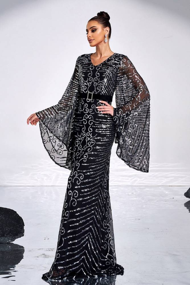 Black Sequined Long Sleeves Column Evening Dresses with Sash