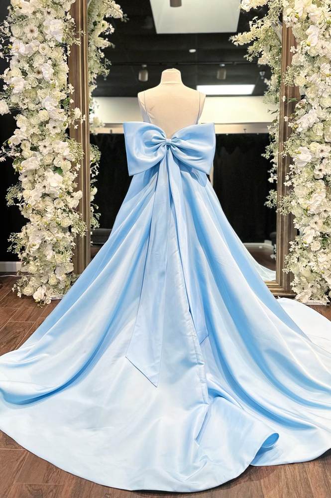 Sky Blue Spaghetti Straps A-Line Long Satin Party Dresses with Bow