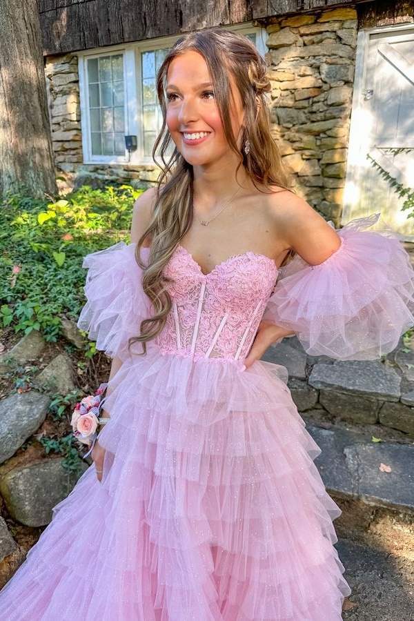 Blushing Pink Strapless Split Front Tulle Prom Dresses with Detachable Sleeves