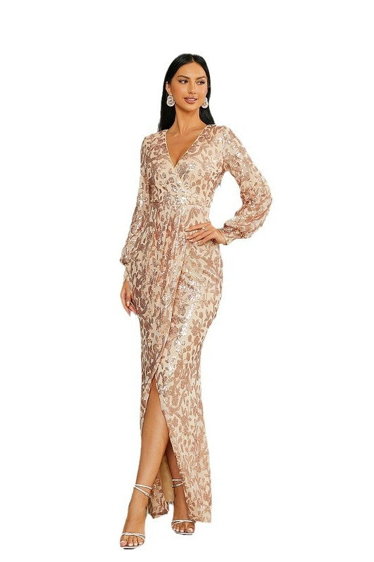 Rosegold Sequined Deep V-Neck Mermaid Evening Dresses with Slit