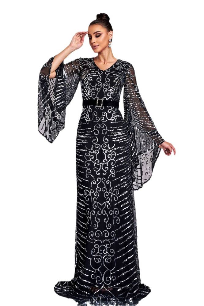 Black Sequined Long Sleeves Column Evening Dresses with Sash