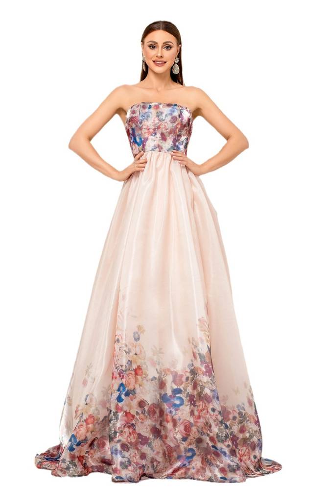 Charming A-Line Strapless Floral Evening Dresses with Sweep Train