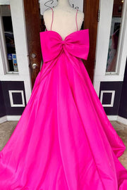 Fuchsia Spaghetti Straps A-Line Long Satin Party Dresses with Bow