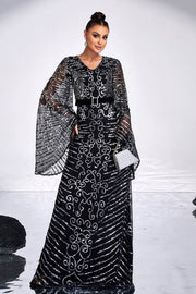 Black Sequined Long Sleeves Column Evening Dresses with Sash