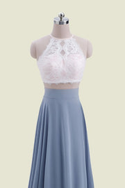 Sexy Crew Neck Two-Piece A-Line Lace Chiffon Bridesmaid Dresses