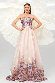 Charming A-Line Strapless Floral Evening Dresses with Sweep Train