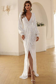 White Sequined Deep V-Neck Mermaid Evening Dresses with Slit