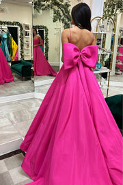 Fuchsia Spaghetti Straps A-Line Long Satin Party Dresses with Bow