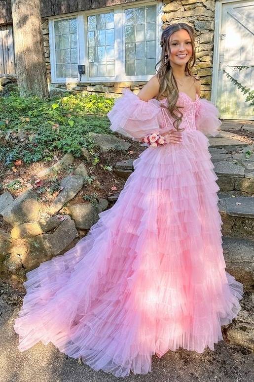 Blushing Pink Strapless Split Front Tulle Prom Dresses with Detachable Sleeves