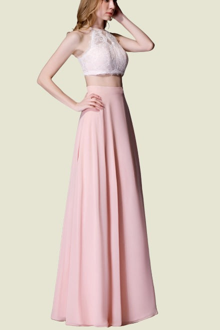 Sexy Crew Neck Two-Piece A-Line Lace Chiffon Bridesmaid Dresses