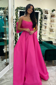 Fuchsia Spaghetti Straps A-Line Long Satin Party Dresses with Bow