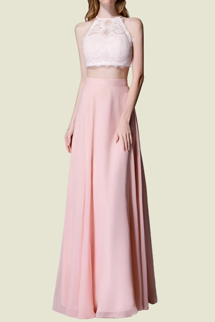 Sexy Crew Neck Two-Piece A-Line Lace Chiffon Bridesmaid Dresses