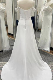 White Sweep Train Cowl Neck Off-The-Shoulder A-Line Satin Long Wedding Dresses