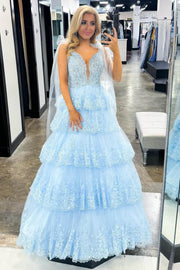 Sky Blue Tiered V-Neck Long Prom Dresses A-Line Tulle Lace with Appliques