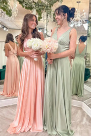 Pearl Pink V-Neck Sleeveless A-Line Satin Bridesmaid Dresses