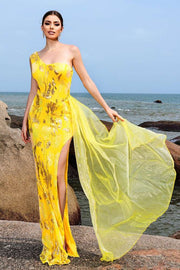 Yellow One-Shoulder Mermaid Sequin Prom Dresses with Slit