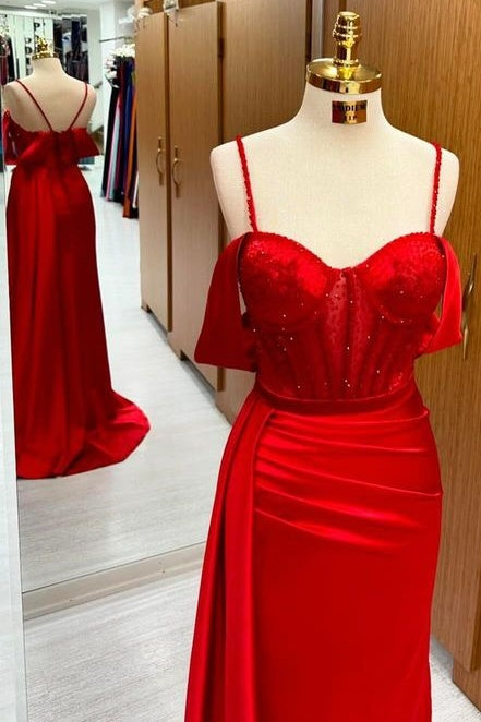 Charming Mermaid Off-The-Shoulder Spaghetti Straps Satin Prom Dresses with Train