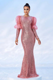 Pink Sequined Jewel Neck Mermaid Tulle Evening Dresses with Long Sleeves