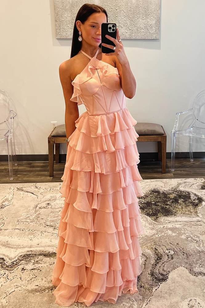 Pearl Pink Sweep Train Halter Chiffon A-Line Prom Dresses with Ruffles