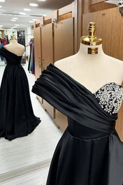 Gorgeous One-Shoulder Sleeveless Sweep Train A-Line Satin Prom Dresses with Slit