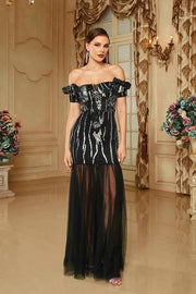 Black Floor-Length Off-The-Shoulder Sequin Tulle Prom Dresses