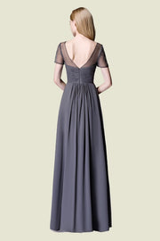 Grey Short Sleeves V-Neck Hi-Lo A-Line Chiffon Bridesmaid Dresses