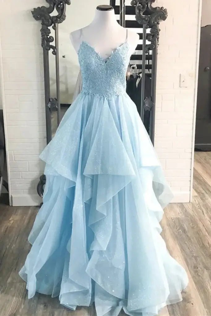 Light Blue Asymmetrical Sequined V-Neck A-Line Tulle Prom Dresses with Appliques