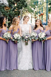 Lilac A-Line Chiffon Spaghetti Straps V-Neck Bridesmaid Dresses