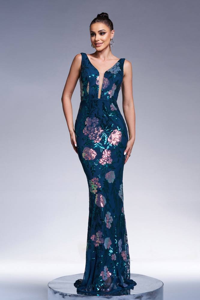 Sequined Deep V-Neck Sleeveless Mermaid Evening Dresses