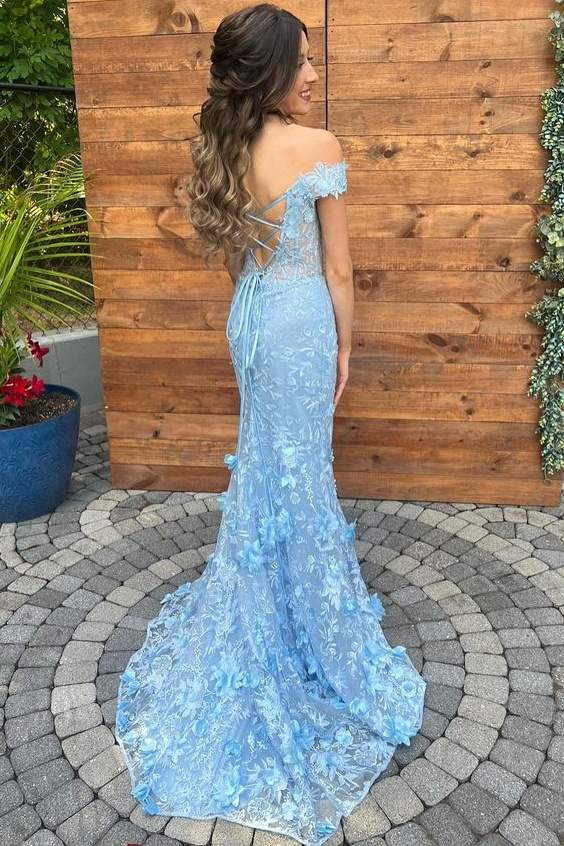 Chic V-Neck Off-The-Shoulder Split Front Mermaid Lace Prom Dresses