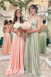 Pearl Pink V-Neck Sleeveless A-Line Satin Bridesmaid Dresses