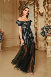 Black Floor-Length Off-The-Shoulder Sequin Tulle Prom Dresses