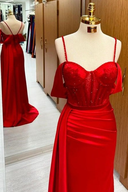 Charming Mermaid Off-The-Shoulder Spaghetti Straps Satin Prom Dresses with Train