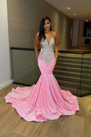 Pink Sequined Mermaid V-Neck Sleeveless Prom Dresses with Rhinestones