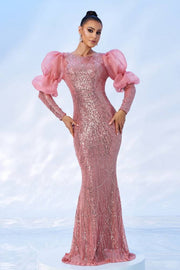 Pink Sequined Jewel Neck Mermaid Tulle Evening Dresses with Long Sleeves