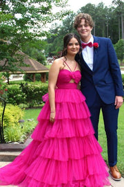 Fuchsia Tiered Sleeveless A-Line Tulle Wedding Dresses with Court Train