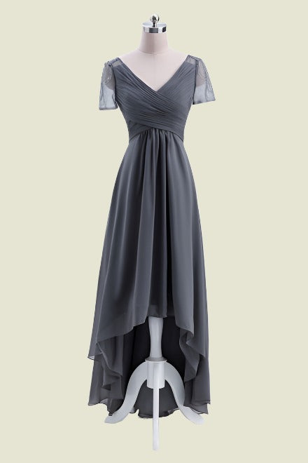 Grey Short Sleeves V-Neck Hi-Lo A-Line Chiffon Bridesmaid Dresses