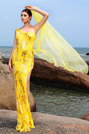 Yellow One-Shoulder Mermaid Sequin Prom Dresses with Slit