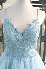 Light Blue Asymmetrical Sequined V-Neck A-Line Tulle Prom Dresses with Appliques