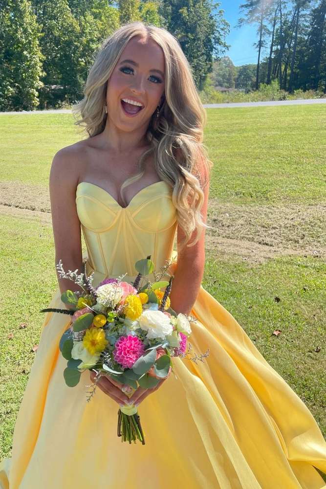 Yellow Sweetheart Strapless Long A-Line Prom Dresses