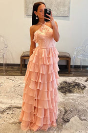 Pearl Pink Sweep Train Halter Chiffon A-Line Prom Dresses with Ruffles