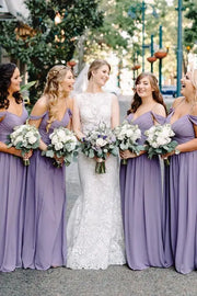 Lilac A-Line Chiffon Spaghetti Straps V-Neck Bridesmaid Dresses