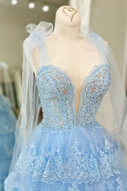 Sky Blue Tiered V-Neck Long Prom Dresses A-Line Tulle Lace with Appliques